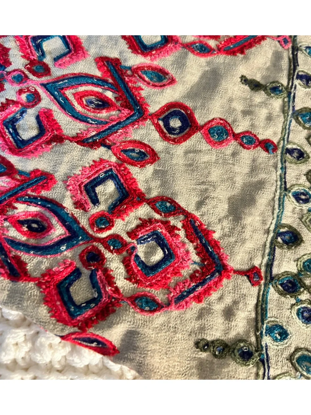 V-Neck Tie-Front Embroidered Sleeve Blouse - Beige with Red & Teal Embroidery